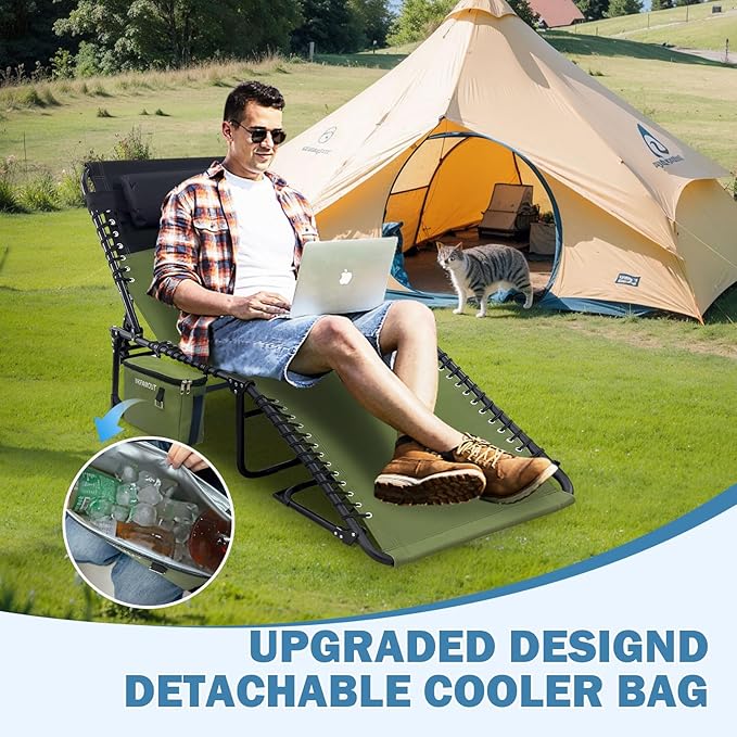 Folding Lounge Chair Outdoor with Insulated Cooler Bag Portable for Outside Patio Chaise Lounge Chair 5-Position with Pillow for Beach Sunbathing Pool Camping Lawn