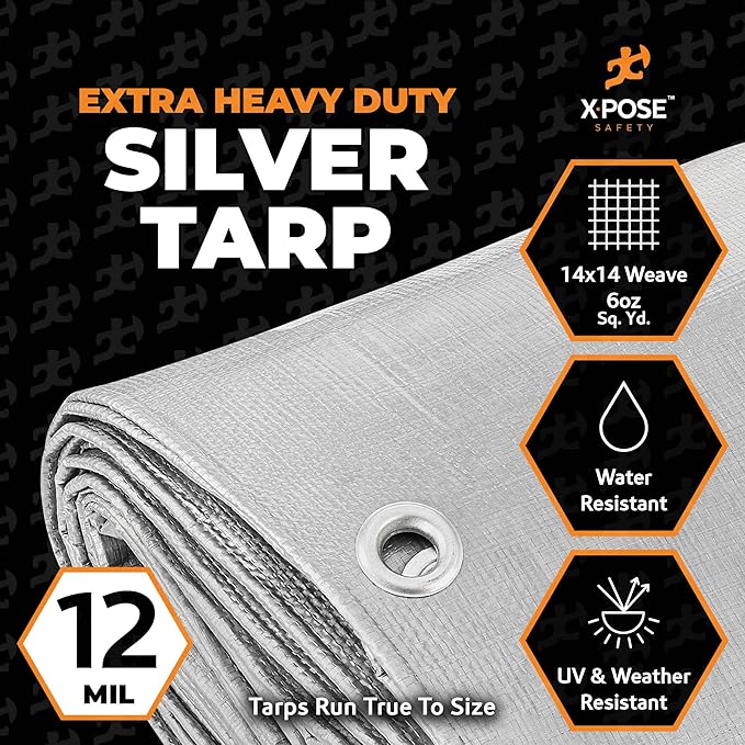 Heavy Duty Silver Poly Tarp 40' X 60' - Multipurpose Protective Cover - Durable, Waterproof, Weather Proof, Rip and Tear Resistant - Extra Thick 12 Mil Polyethylene - by Xpose Safety