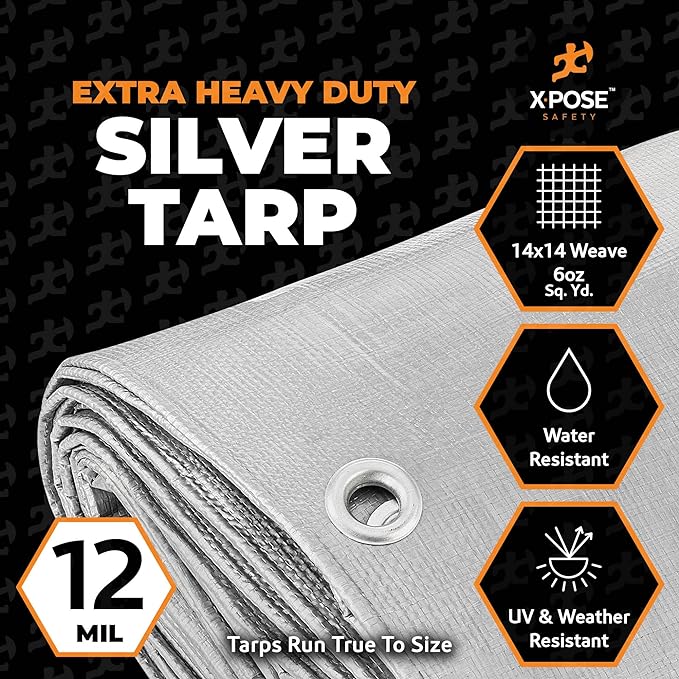 Heavy Duty Silver Poly Tarp 10' X 20' - Multipurpose Protective Cover - Durable, Waterproof, Weather Proof, Rip and Tear Resistant - Extra Thick 12 Mil Polyethylene - by Xpose Safety