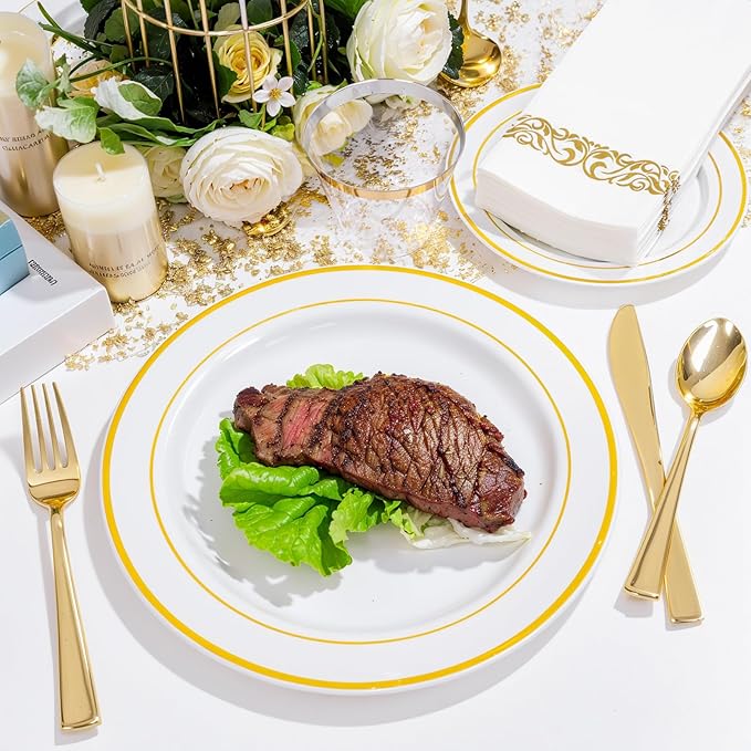 NOCCUR 700PCS Gold Disposable Dinnerware Set for 100 Guests - Plastic Plates for Party - Include 200 Gold Dinner/Dessert Plates, 100 Napkins, 100 Cups, 300 Plastic Silverware - Ideal for Wedding&Party