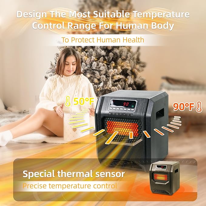 Comfort Portable Quart Infrared Heater for Indoor Use Realsmart 1500 W 3 Heating Mode LCD Display Remote Control Overheat Tip Over Protection Safe Electric Heaters for Large Rooms