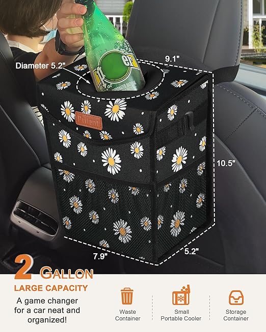 Car Trash Can with Lid, Cute Leakproof Car Trash Garbage Bag Hanging Vehicle Trash Bin Small Portable Automotive Garbage Cans Organizer for Back/Front Seat/Console(Trapezoid,Black Flower)