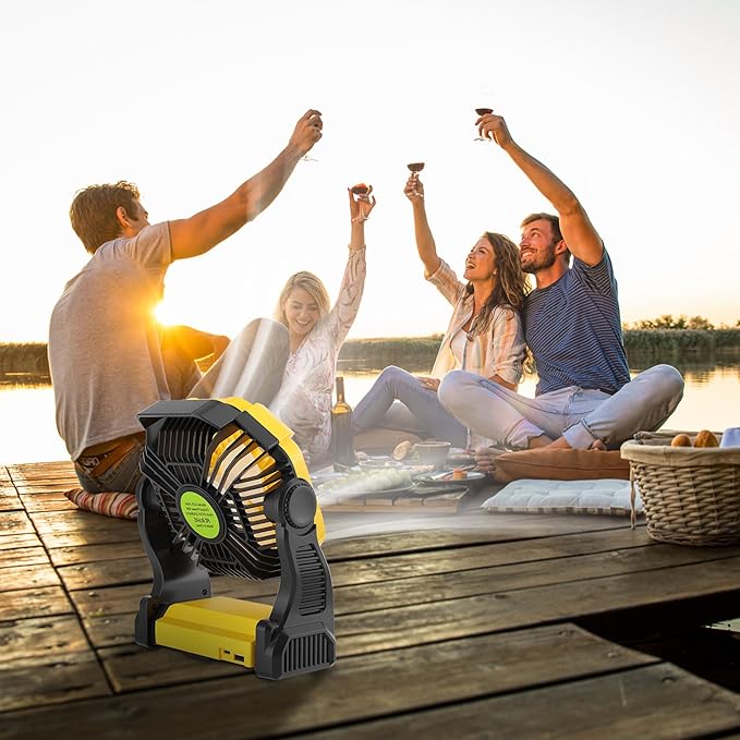 Portable Camping Fan Cordless Battery Powered，270° Rotating Portable Battery Operated Rechargeable Fans, 360° Hanging Hook, USB Personal Outdoor Camping Fans for Tents,Travel X23 Yellow