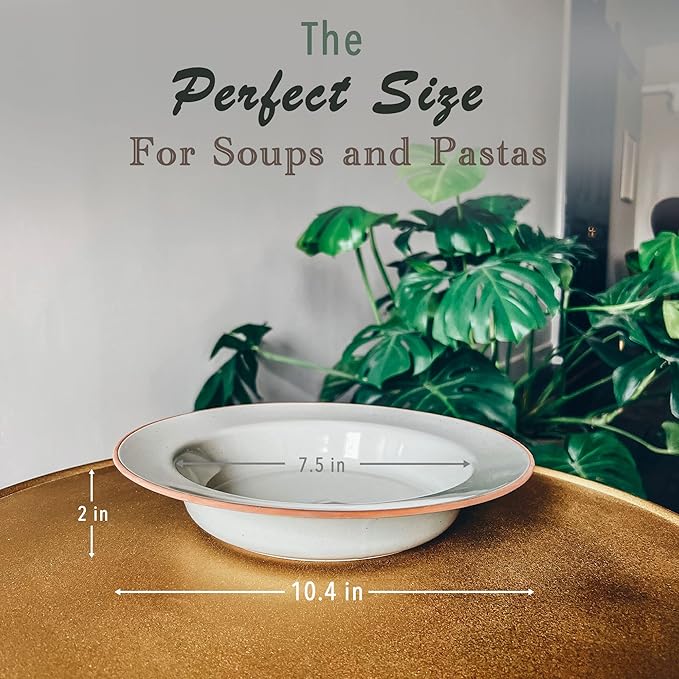 MORA Ceramic Wide Rimmed Soup Bowl 25oz, Set of 4 - For Pasta, Italian, Spaghetti, Dipping Bread, Fancy Dinner etc. Large Plate/Bowls Hybrid For Everyday & Restaurant Use, Large Flat Rim - Earl Grey