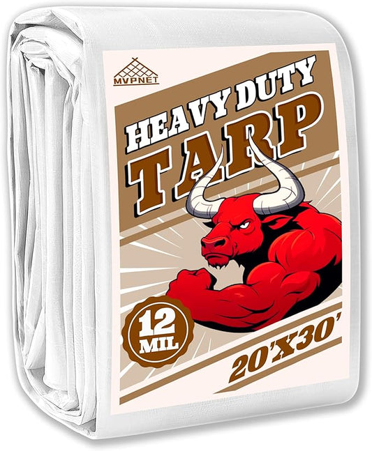 Tarp 20x30 ft Heavy Duty 12mil 100% Waterproof High Durability Multipurpose,Uv Resistant,White Tarp Suitable for Swimming Pools, Boats, Camping, Courtyards, Etc -by MVPNET