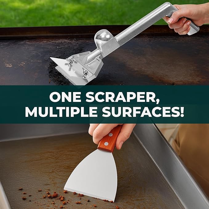 Heavy-Duty Griddle Scraper Kit – Griddle Scrapers for Flat Tops & Grill Scraper with Ergonomic Handles, Splash Guard, 4 Extra Blades for Effortless Burnt-On Grease Removal