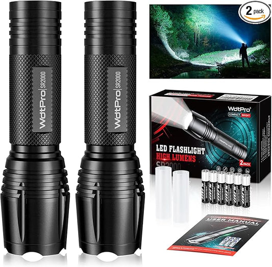 WdtPro LED Flashlight High Lumens SR2000 Pro, 2 Pack Brighter Tactical Flashlights with 5 Modes & Zoomable, Powerful Mini Flash Light for Emergency, Camping, Hiking (Black)