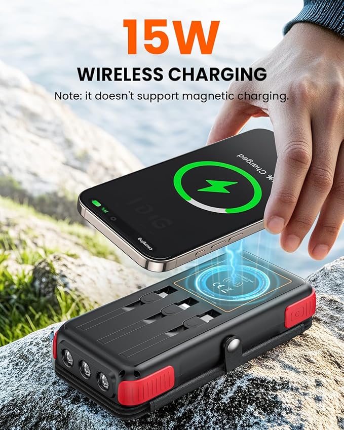 SOARAISE Solar Charger 25000mAh/92500mWh Wireless Portable Charger, 20W Fast Charging Power Bank with Built-in 3 Cables, PD QC 3.0 Phone Battery Pack with 4 Solar Panels & Flashlights for Camping