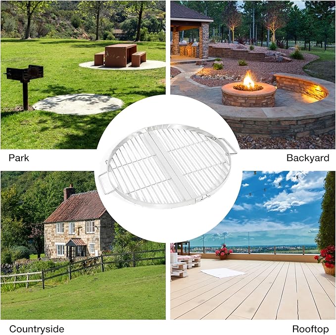 Lineslife Fire Pit Grill Cooking Grate Portable, Stainless Steel Folding Round Firepit Grill Rack with Handles, Outdoor Campfire BBQ Grill for Camping Picnic Gathering, Silver 31.5“