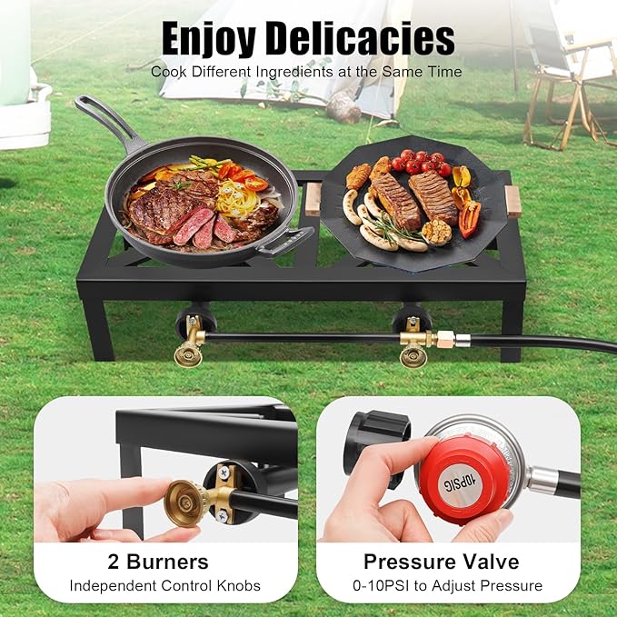 Double Burner Gas Stove, 8000W Portable Outdoor Propane Stove with Adjustable 0-10Psi Regulator Hose for Patio Camping, BBQ, Home Brewing, Turkey Fry, Maple Syrup Prep