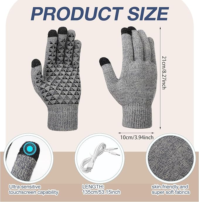 Bencailor 2 Pairs Usb Winter Heated Gloves Mitten Hand Washable Knitting Touchscreen Laptop Gloves