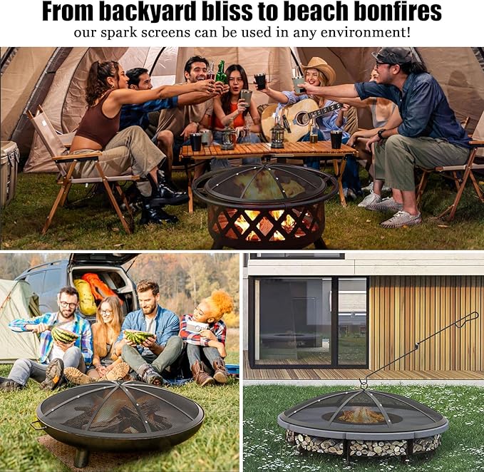 Fire Pit Spark Screen, 30Inch Fire Pit Lid Outdoor with Handle & Poker, Heavy-Duty Mesh Firepit Cove, 12 Reinforced Bars for Backyard/Beach/RV Camping