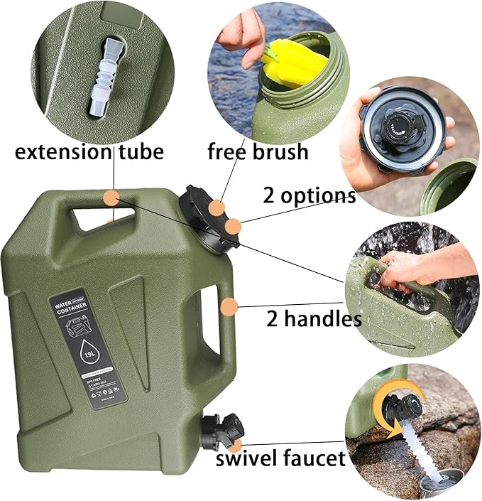 5 gallon Camping Water Container with Spigot, Portable BPA-Free Water Jug for Camping Hiking Emergency Stroage (Army Green, 5, Gallons)