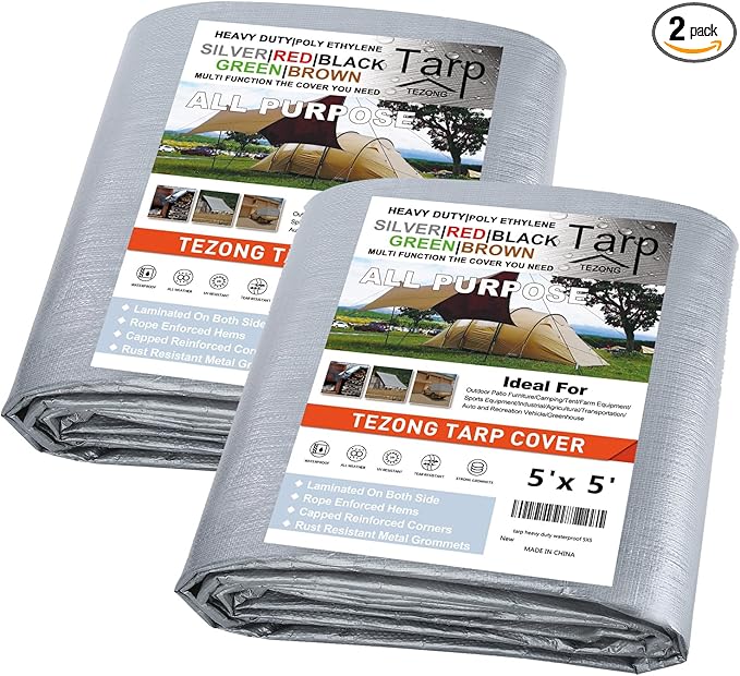 Tarp Heavy Duty Waterproof 5x5ft,TEZONG Silver Poly Tarp 12Mil Plastic Outdoor Tarpaulin Cover Multipurpose for Rain,Sun,Patio Furniture,Pool,Roof,Wood,Camping,Car 2Pack