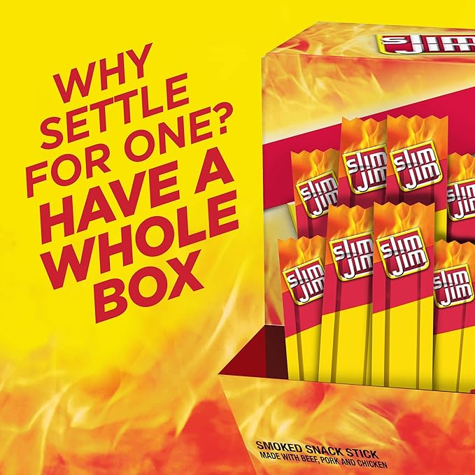 Slim Jim Smoked Meat Sticks, Original Flavor, 2g Protein Per Stick, Snack Size, Lunchbox Snack, 0.44 oz. (100 Count)