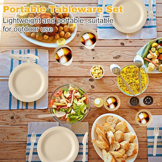 LemonRoad 12 Set College Dorm Dishes Essential Kit, Plates and Bowls Back to School Beige Room Dishes Set with Storage Mesh Bag Cup, Microwave Dinnerware Picnic for RV Camping