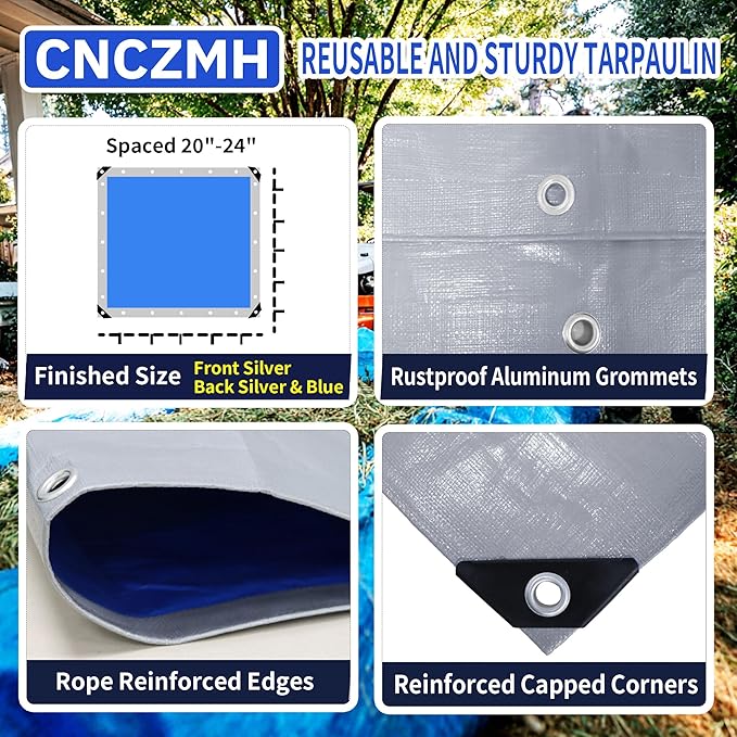 Heavy Duty Tarp Waterproof, 10 Mil Thick 4x5 Feet Finished Size Tarps Outdoor, Multipurpose Tarpaulin, Small Tarp for Emergency Rain Shelter Camping (Silver/Blue, 4x5ft 2 Pack)