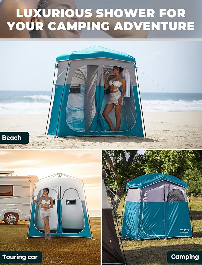 KingCamp Instant Shower Tent, Portable Superior Stable Privacy Shelter, 2 Large Rooms Outdoor Toilet Tent with Floor for Beach, Camping & Hiking, Setup in Under 60s