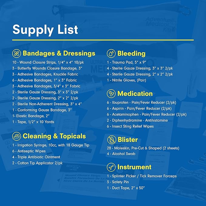 Adventure Medical Kit Ultralight/Watertight Medical Kit .9 - Up to 4 People, Up to 4 Days - Includes Bandages, Blister Essentials & More - Perfect for Hiking, Biking & Climbing