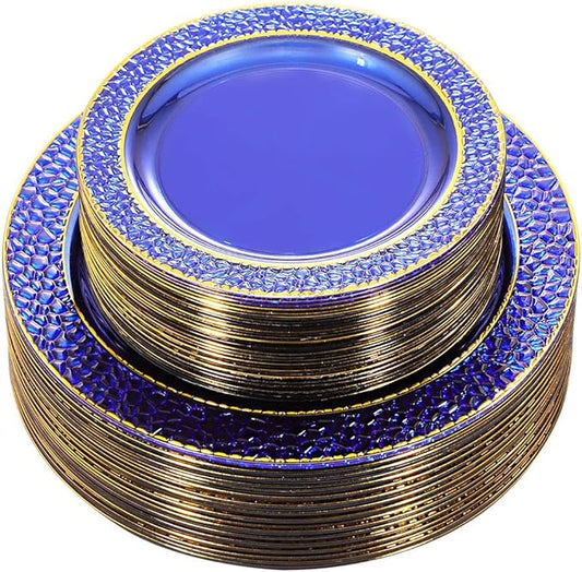 Nervure 102PCS Blue Plastic Plates - Disposable Blue Party Plates Include 51PCS 10.25inch Dinner Plate & 51PCS 7.5inch Dessert Plate for Wedding & Party & Father's Day