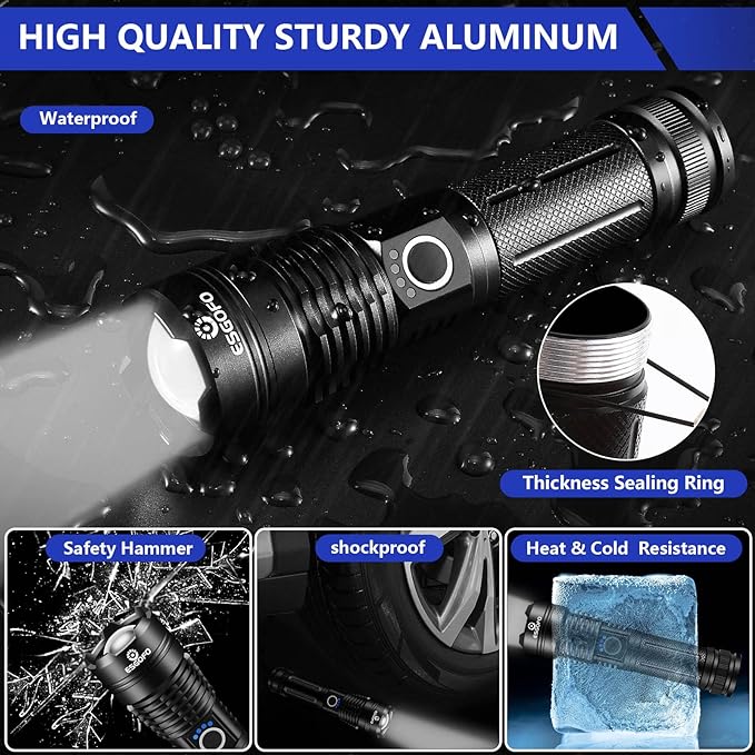 Esgofo Flashlights High Lumens Rechargeable, Super Bright Handheld LED Flash Light, Powerful Emergency Linternas, Waterproof, Long Lasting, for Hiking Camping Gift