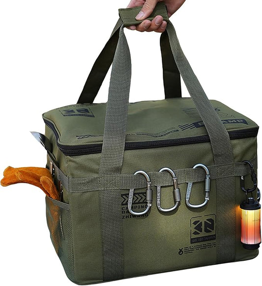 Tactical Camping Storage Bag,30L Tactical Utility Tote Bag Camping Cookware Organizer Trunk Organizer, Military Green, Heavy-Duty Canvas, 380x300x260mm