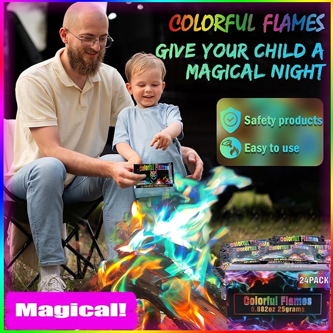 Fire Color Changing Packets，Color Fire Packets for Outdoor Campfires, Fire Pits, Fireplaces, Colorful Flames, Long Burn Time, Safe, Magic for Child [24Pack]