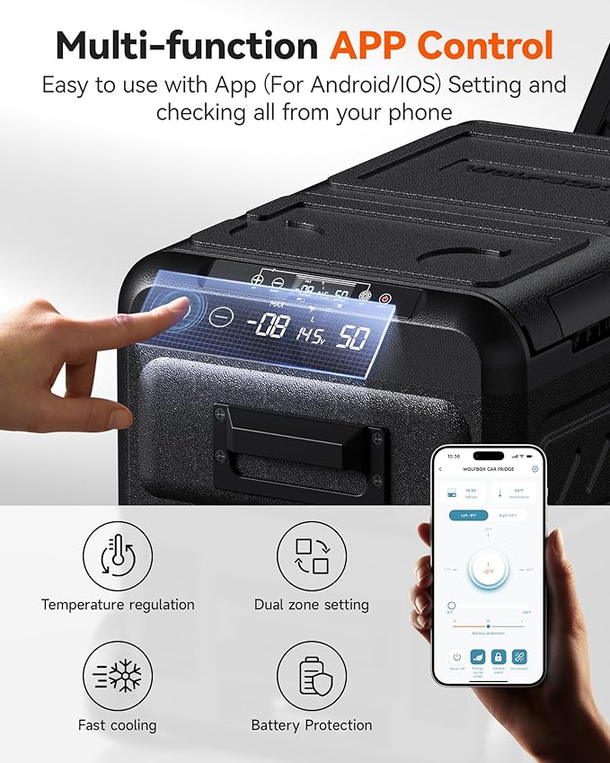 WOLFBOX 12V Car Refrigerator, 40 Quart Dual Zone Car Fridge, Portable Freezer(-8℉~68℉) with 12/24V DC 100/240V AC, APP Control Electric Cooler for Car, RV, Camping, Travel and Home Use