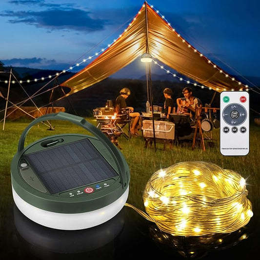 Anpro 4 in 1 Solar Camping String Lights, 39.4Ft Ultra Long String with 150LEDs, 3600mAh Solar Powered and USB Rechargeable Light with Remote Control, Portable Camping Light for Hiking, Decorations