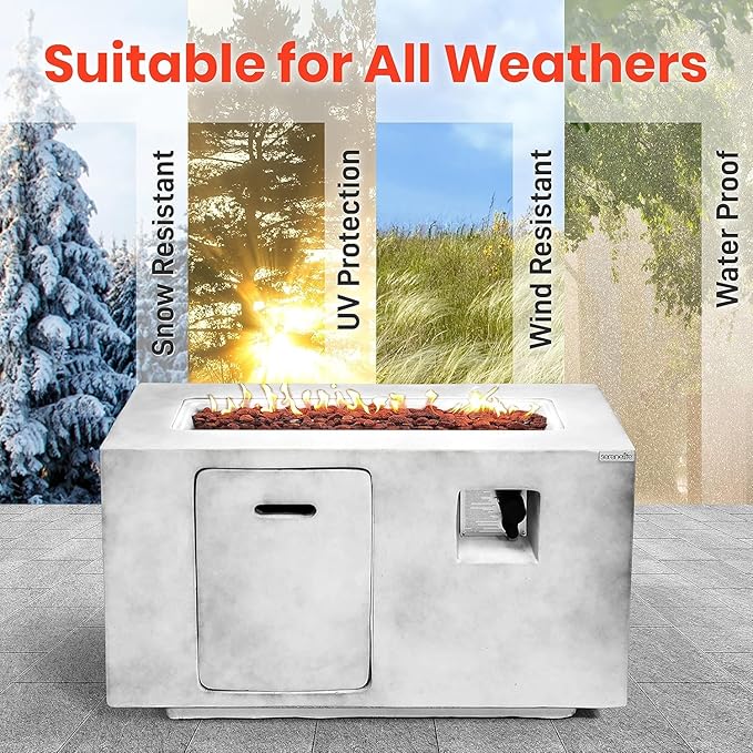 SereneLife Concrete Outdoor Propane Fire Pit Table - CSA/ETL Certified Safe 50,000BTU Pulse Ignition Weatherproof Square Propane Gas Fire Table - Adjustable Flame, Thermocouple - PVC Cover