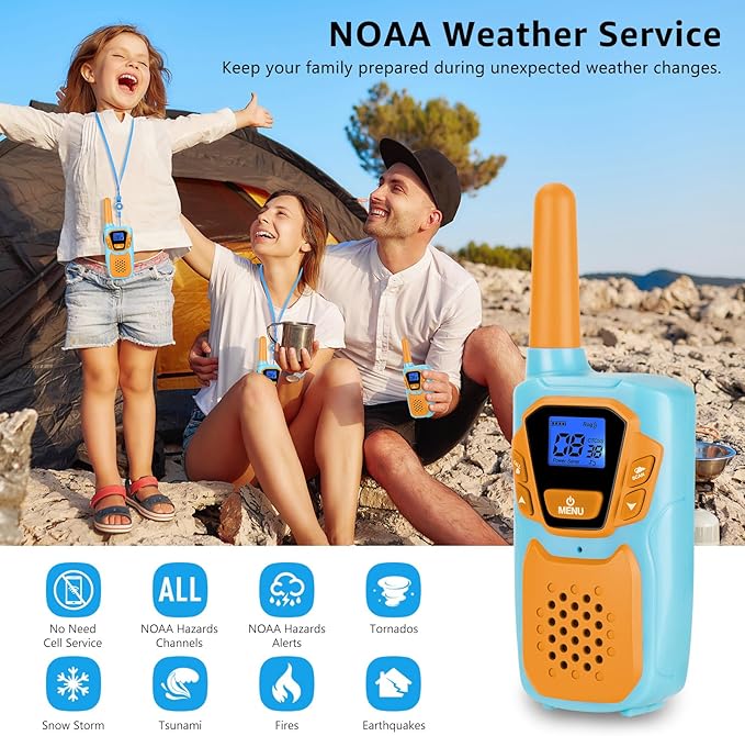 Walkie Talkies for Kids Long Range Walkie-Talkie for Adults Rechargeable 2 Way Radios 2 Pack with Lanyard 4 Miles NOAA USB VOX, Family Toys for 3-12 Year Old Boys Girls Toddlers Camping Hiking