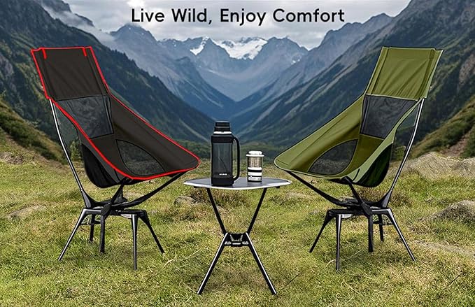 Swivel Camping Chair, High Back Folding Chair with Head Support, Side Cup Pocket, Stable Portable Outdoor Chair for Camp, Travel, Beach, Party, Fishing, Hiking, Backpacking, Black Red