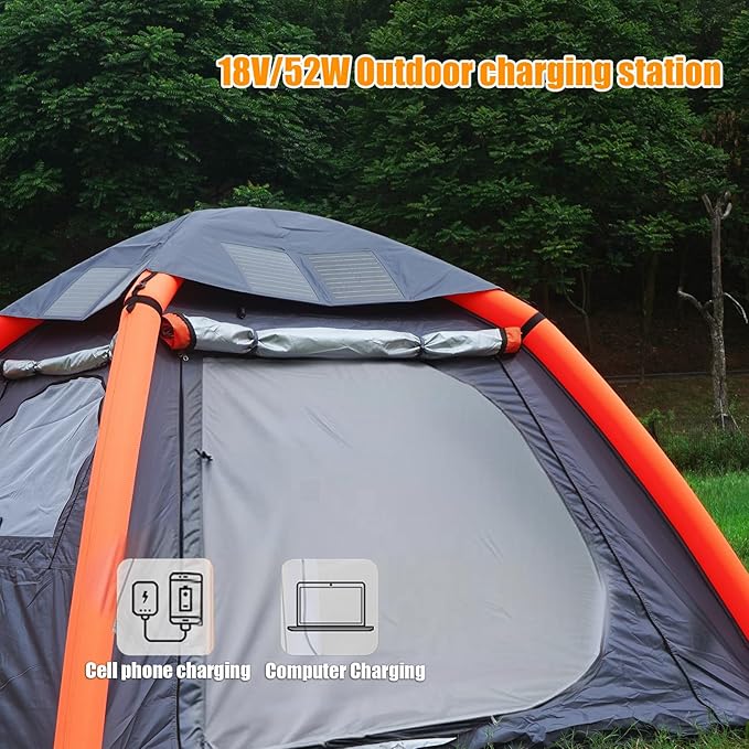 Solar Rechargeable 4 Person Inflatable Tents for Camping - Waterproof Beach Family Glamping Tents with Mesh Doors and Windows