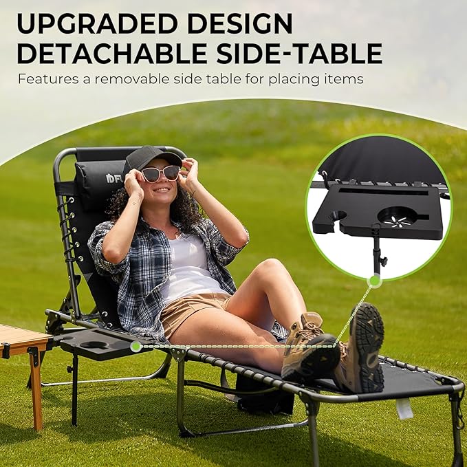 FUNDANGO Folding Chaise Lounge Chair Outdoor, 5 Positions Foldable Tanning Chairs with Side Table & Pillow for Outside Sunbathing Pool Camping Patio Lawn (Black)