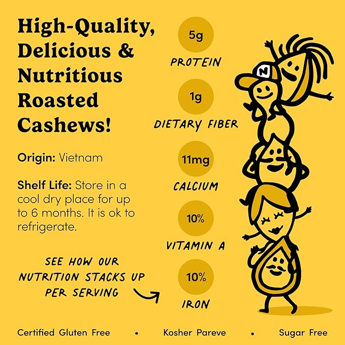 Nuts.com – Roasted Cashews (Salted Single Serve) — Creamy & Savory Flavor, Healthy Snack for Adults & Kids, Good Source of Protein, Fiber, Calcium, Iron & Healthy Fats – Vegan & Gluten-Free – 24 Pack