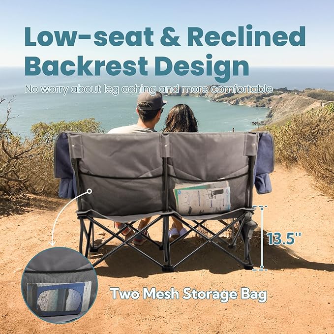 700lbs Capacity Double Camping Chair for 2 Adults - Low-Profile Outdoor Loveseat with XL Cup Holders & Storage Pockets, Heavy Duty Folding Couch for Camping, Lawn, Backyard (Navy Blue)