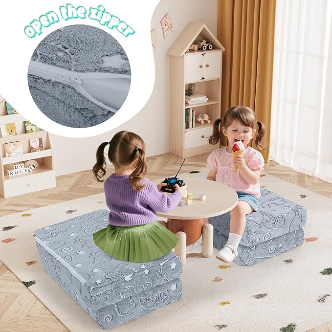 MeMoreCool Foldable Floor Mattress for Kids, Glow Toddler Nap Mat for Sleeping and Daycare, Portable Trifold Futon Mattress Floor Bed, Dinosaur