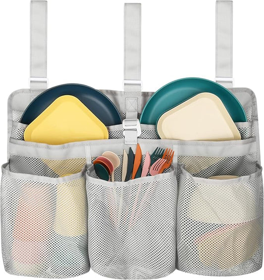 Xxerciz Camping Dish Drying Bag Collapsible Dish Drying Rack, Portable Mesh Dinnerware Drainer Organizer for RV Campers Travel Trailers Space Saving Camping Kitchen Storage Rack (Gray)