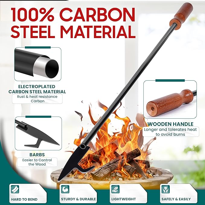 [UPGRADED] 40” Long Monolithic Design Fire Poker for Fire Pit with Blower Poke Function, Wooden Handle, Heat & Rust-resistance, Heavy Duty Fireplace Poker, Ideal for Camping, Fireplace, Woodstoves