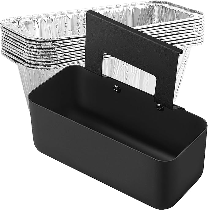 Grill Grease Catcher for Blackstone Griddle with 10 Pack Grease Cup Liners Aluminum Foil Tray Pan Drip Tray Pan for 17, 22, 28 & 36 inches Griddle (Long Hook)