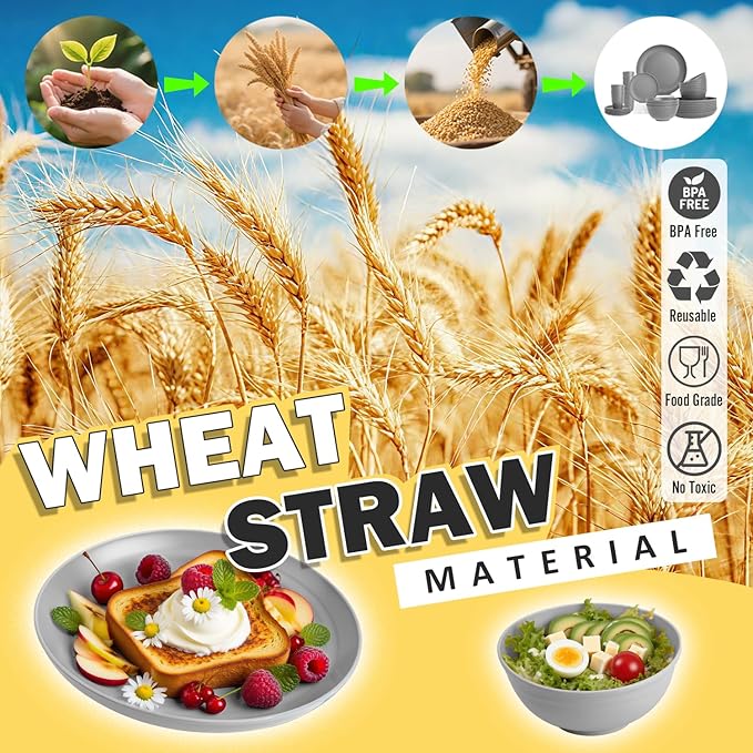 Wheat Straw Dinnerware Sets, Plates and Bowls Sets, 32 PCS Dinnerware Sets Service for 8, Unbreakable Reusable Plates Set, Outdoor Kitchen and Apartment Dinning Essentials - Gray