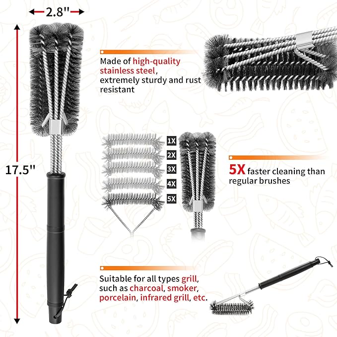 NEXCOVER Grill Brush - 18'' Safe Wire BBQ Brush for Outdoor Grill, 3 in 1 Efficient Stainless Steel Grilling Cleaner, BBQ Accessories for All Grates