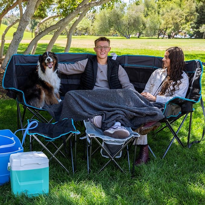 FUNDANGO Double Camping Chair with Cooler, 3 Person Folding Oversized Loveseat Camp Chairs for Adults Fully Padded Couch with Cup Holder for Outdoor Lawn Beach Patio Support 1000 LBS Black/Blue
