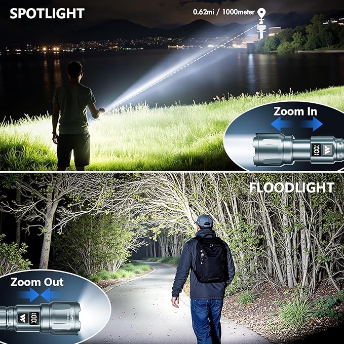 WdtPro LED Rechargeable Flashlight 2 Pack, Super Bright Zoomable 6000 Lumens Tactical Flashlight with LCD Digital Display, 3 Mode Waterproof Flash Light for Camping, Hunting & Home Emergency - Grey