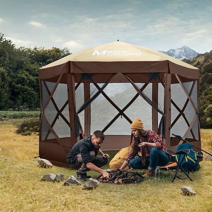 MASTERCANOPY 10x10FT Pop Up Gazebo Screen Tent - Instant Screen House with Netting, Quick Set, Outdoor Canopy Shelter with Carry Bag for Camping, Backyard & Patio (Beige&Coffee)