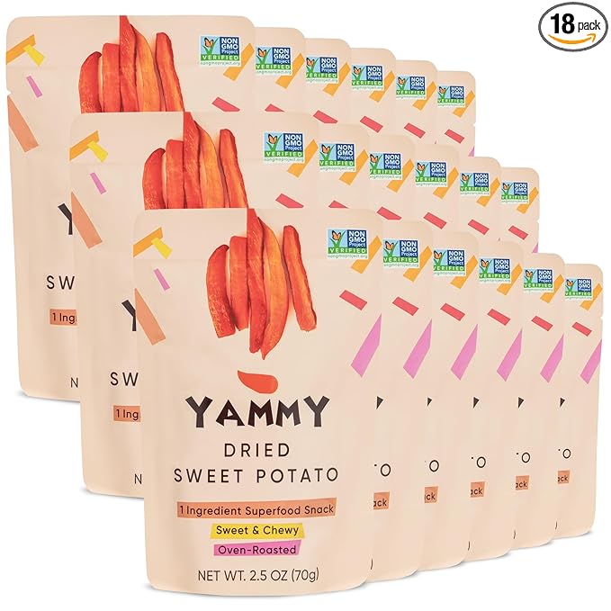 Yammy Dried Sweet Potato Sticks (18 Pack) - 1 Ingredient Healthy Asian Snack for Adults & Kids (Japanese, Korean, Chinese Food) - Vegan, Gluten-Free, 3g Protein, 4g Fiber, 12 Vitamins & Minerals, 2.5oz
