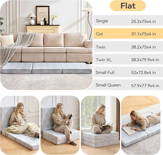 BDEUS Memory Foam Folding Mattress 4 Inch Cot Size with Protable Storage Bag, Trifold Mattress Topper Soft Guest Bed Floor Mat for Kids Camping Road Trip, Gray, 31 x 75 Inch