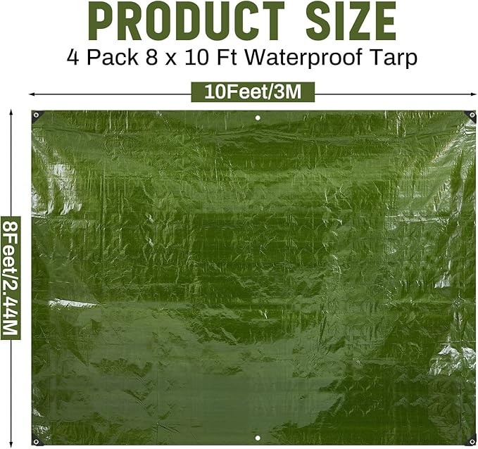 4 Pack 8 x 10 ft 5.5 Mil Large Tarps Heavy Duty Waterproof Tarp Multi Purpose Tent Cover for Home Boats Cars Camping Patio Furniture Roof Emergency Rain Protective Cover, Army Green