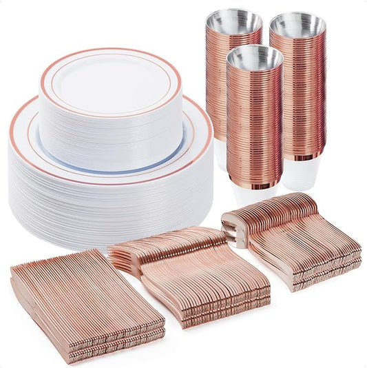 300PCS Plastic Dinnerware Set (50 Guests), Rose Gold Disposable Plates for Party, Wedding, Christmas, Anniversary, Includes: Dinner Plates, Dessert Plates, Cups, Spoons, Forks and Knives