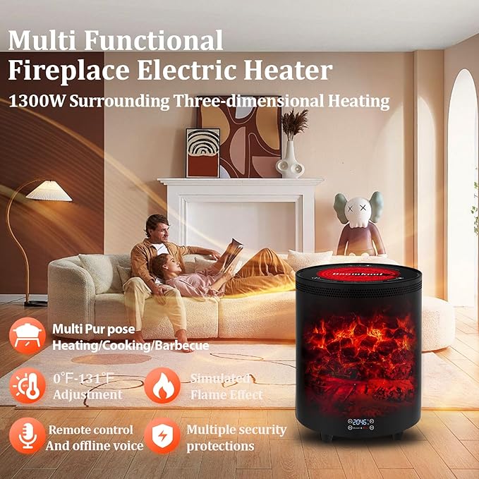 Space Heater Indoor, Portable electric fireplace heaters with 3D Flame Effect, Heating and cooking outdoor use, Remote Control, 1300W Safe and Quiet Far infrared Heate for Office Bedroom Home